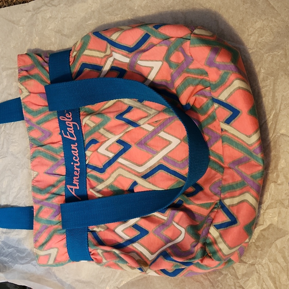 American Eagle Outfitters Coral Geometric Tote with Blue Straps